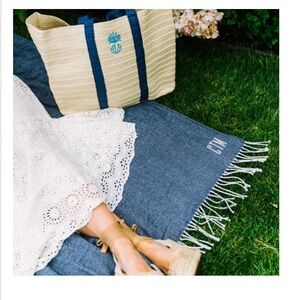 Mark & Graham Picnic Blanket Blue/White Stripe NEW $129